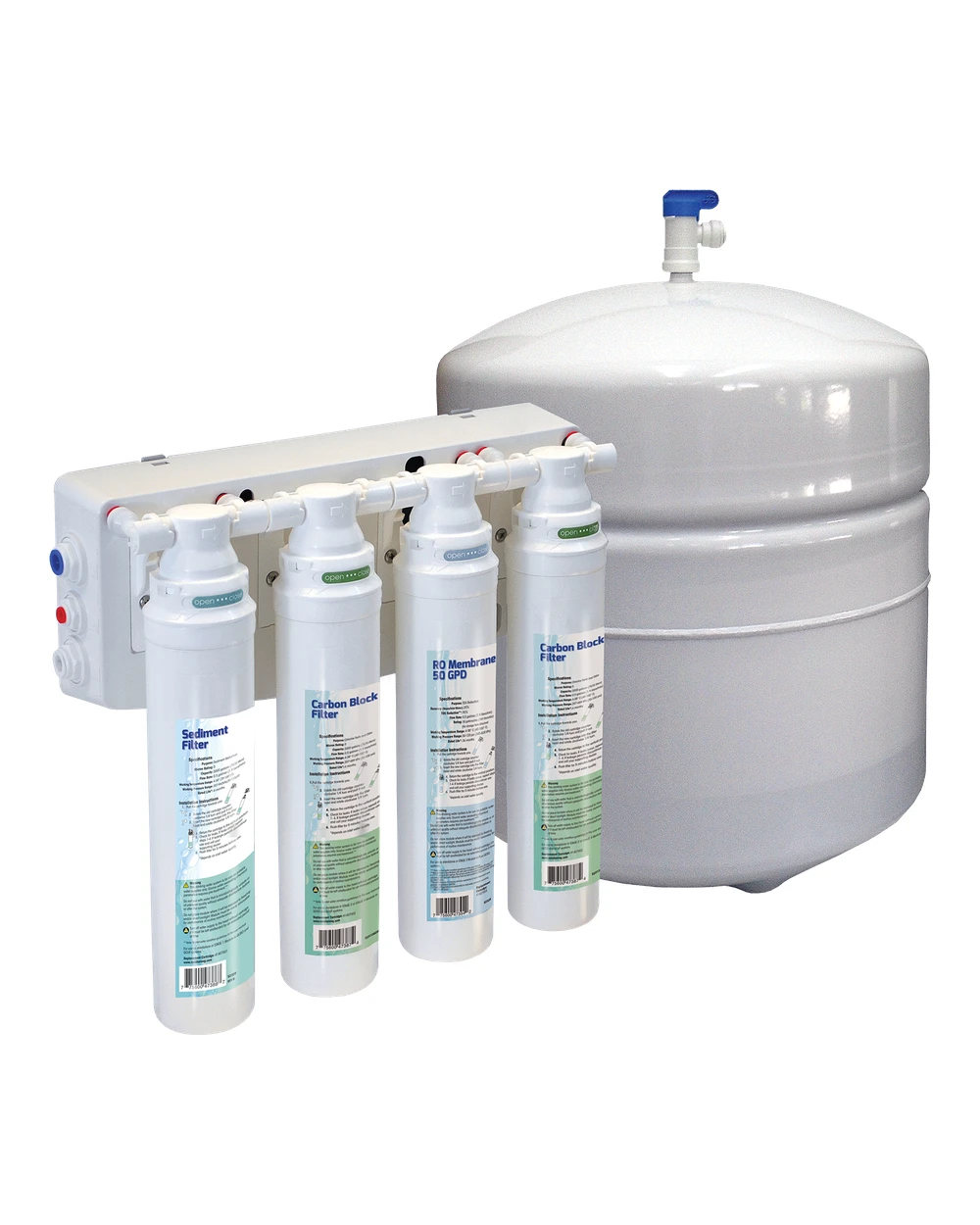Four-stage reverse osmosis system with storage tank